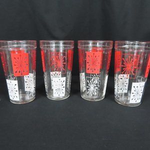 Set of 4 Vintage McM Starburst Hazel Atlas Red and White Design Drinking Glasses